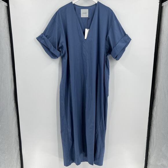 Humanoid Prim V-Neck Maxi Dress Steel Blue Soft 100% Cotton Slit Size XL NWT - Picture 2 of 10